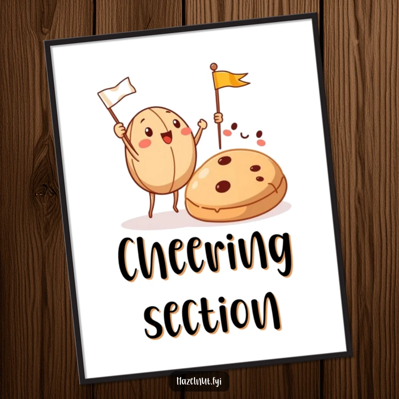 Funny Hazelnut Cookie Cheer Digital Art Print shows hazelnuts waving flags at a cookie, bringing instant celebratory cheer.