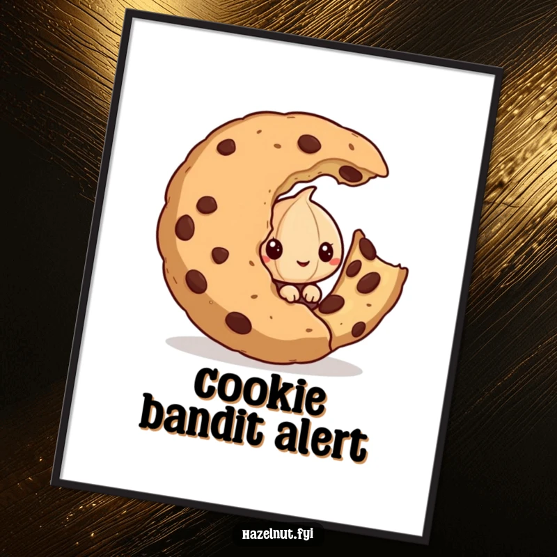 Funny digital art print of a mischievous hazelnut peeking from behind a giant half-eaten cookie, perfect for instant decor.