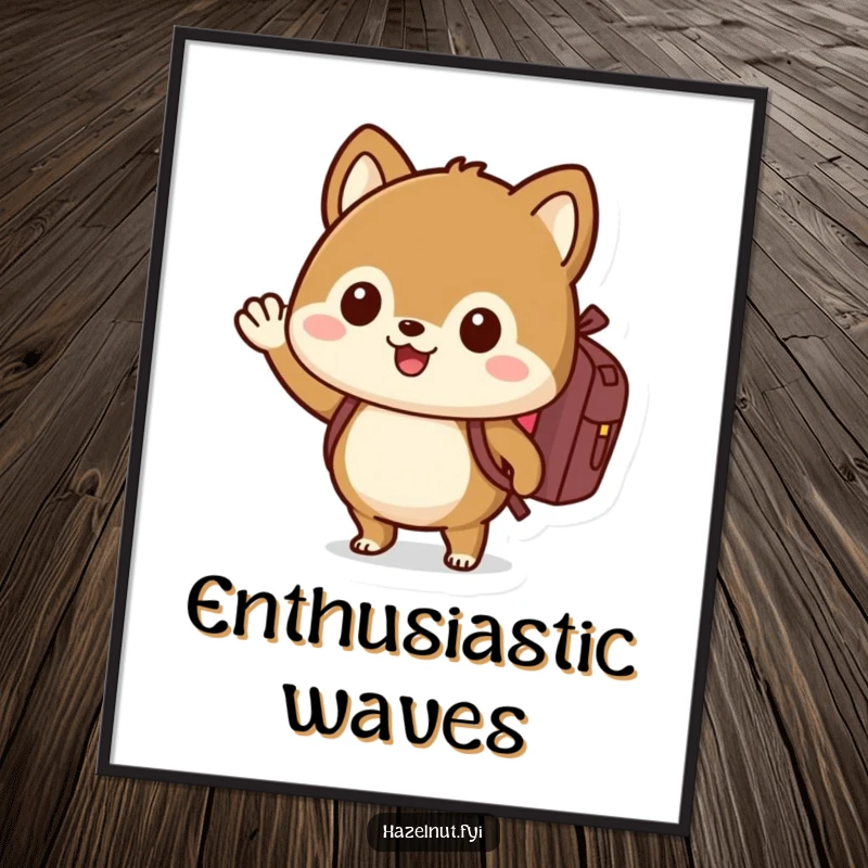 Funny hazelnut digital art print with backpack, waving enthusiastically, for instant humorous wanderlust.