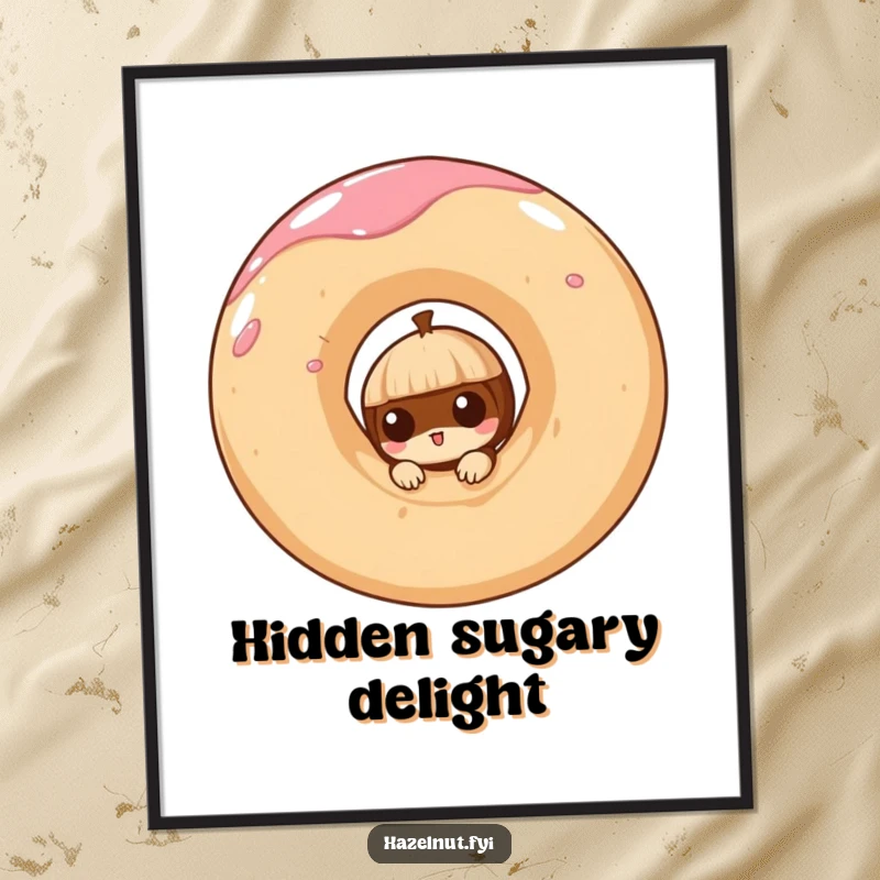 Funny digital art print of a curious hazelnut peeking from a giant, swirling doughnut, perfect for whimsical decor.