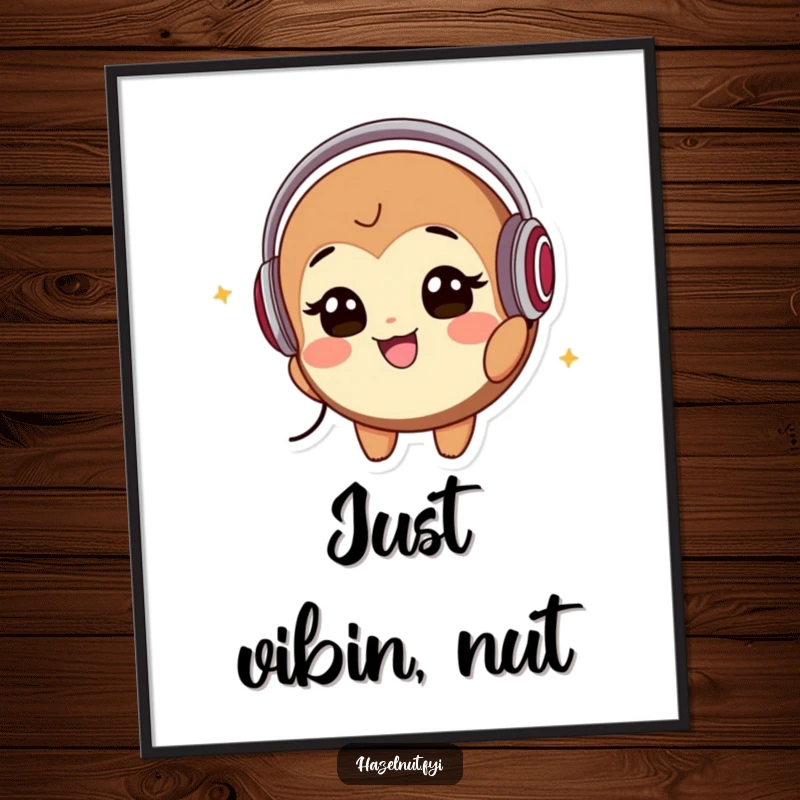Funny Digital Art Print: A smiling hazelnut character wearing headphones bobs its head to music, bringing groovy vibes and artistic sound appreciation.