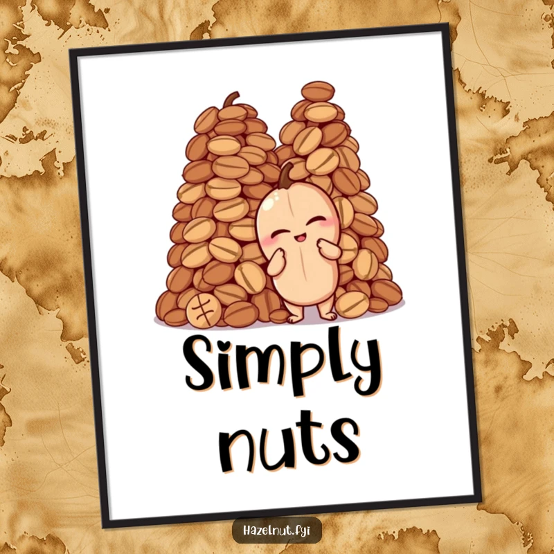 Funny digital art print of a winking hazelnut confidently posing next to a large pile of nuts, a bold and humorous graphic.