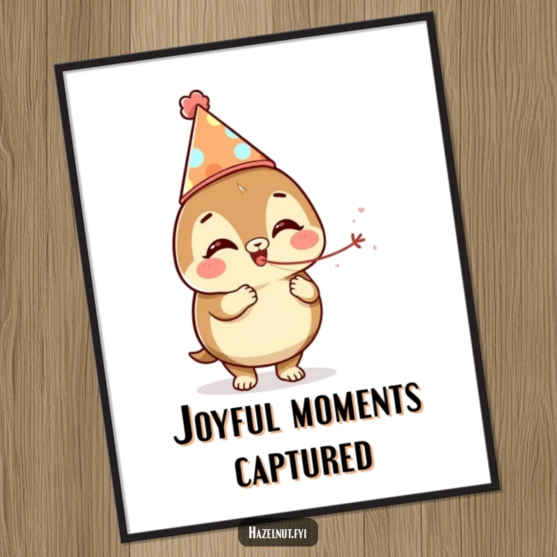 Festive funny hazelnut in a party hat blowing a streamer, ready to bring joy as a digital art print.