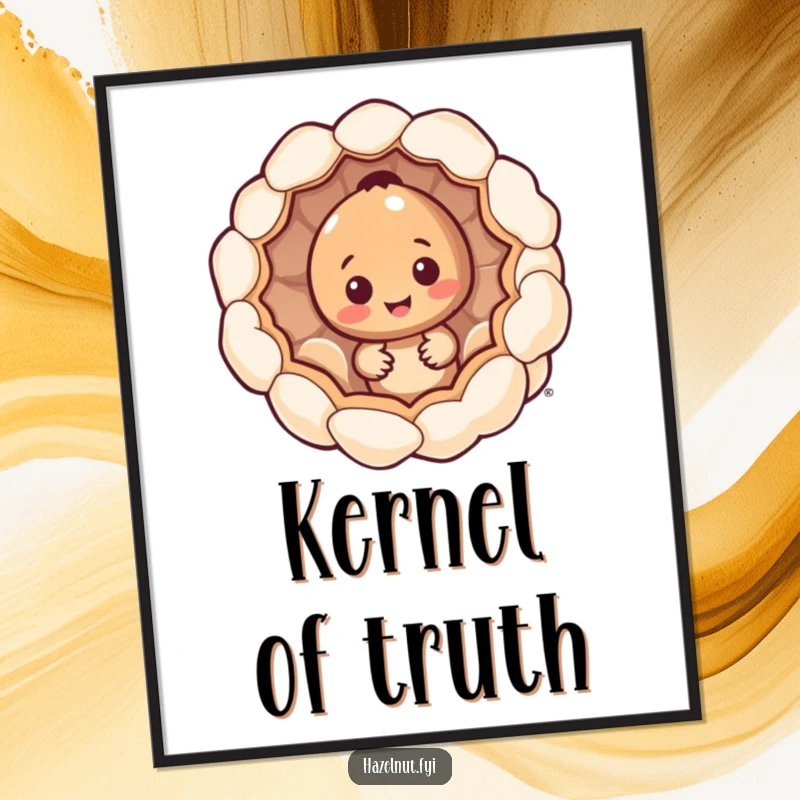 Funny hazelnut character digital art print, peeking from inside a giant popcorn kernel, charming and humorous wall art.