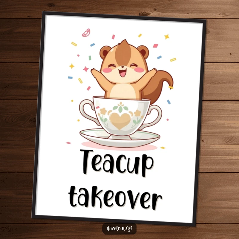 Funny, happy hazelnut balancing on a teacup, throwing confetti, presented as a high-resolution digital art print for festive decor.