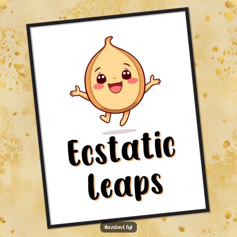 Funny Joyful Hazelnut Digital Art Print, a cheerful hazelnut with a wide grin leaping high in pure joy.