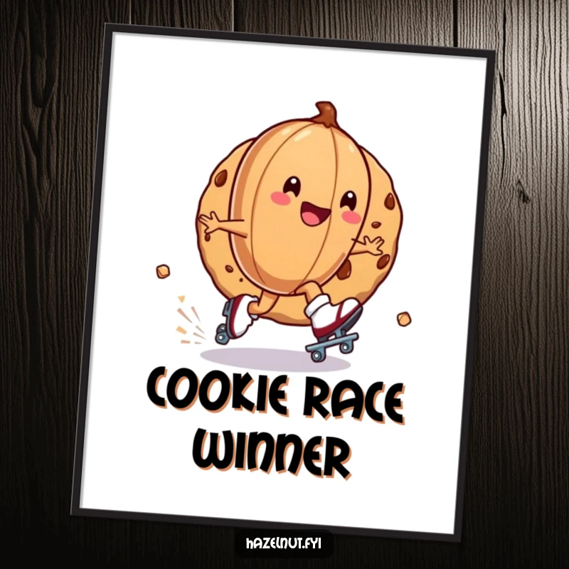 Funny digital art print of a hazelnut on roller skates zipping around a cookie, celebrating speed and joy, ideal for humorous wall decor.