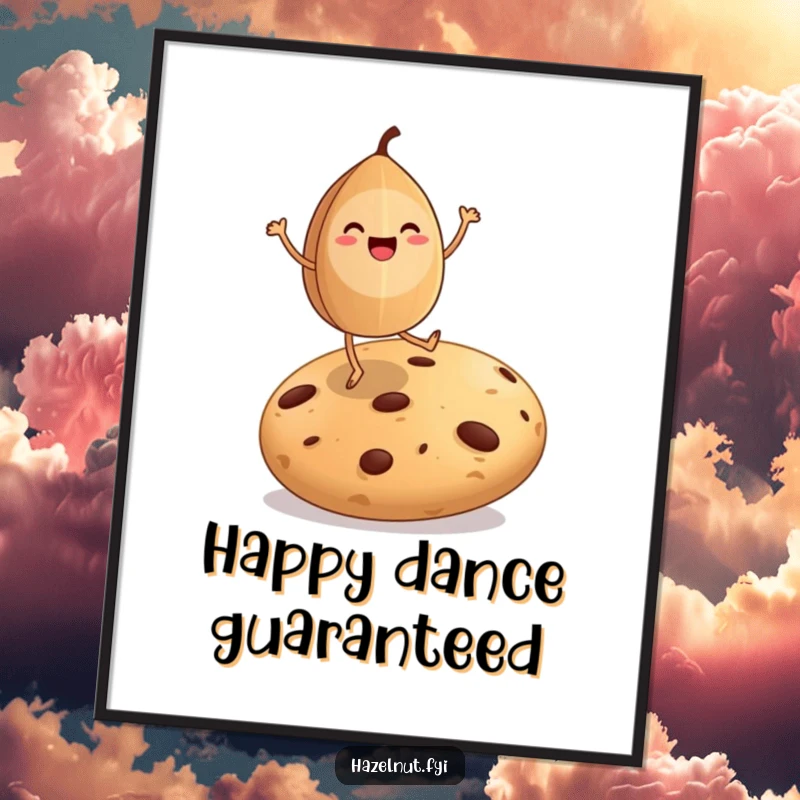 Funny digital art of a happy hazelnut dancing on a giant cookie, bringing sweet joy and whimsy to any space.