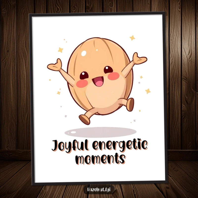 Energetic and funny hazelnut character doing a cartwheel with powdered sugar, perfect as a digital art print.