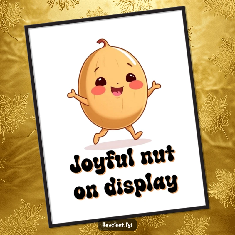 Funny digital art print of a cheerful, round hazelnut doing a joyful little dance on stubby legs, radiating happiness.
