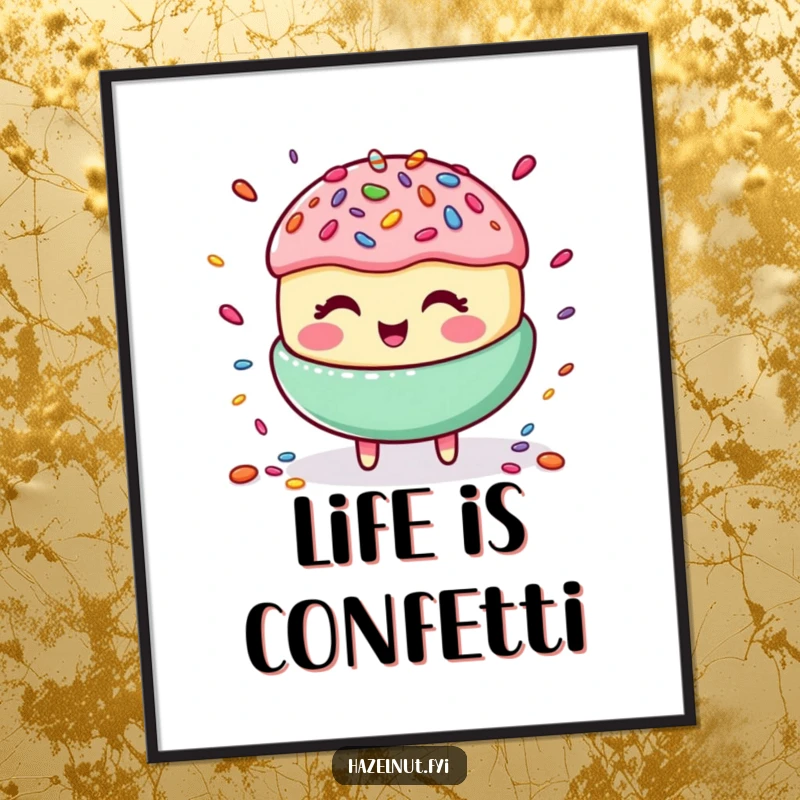 Funny digital art print of a happy, giggling macaroon expertly juggling a vibrant assortment of candy sprinkles, a delightful graphic.