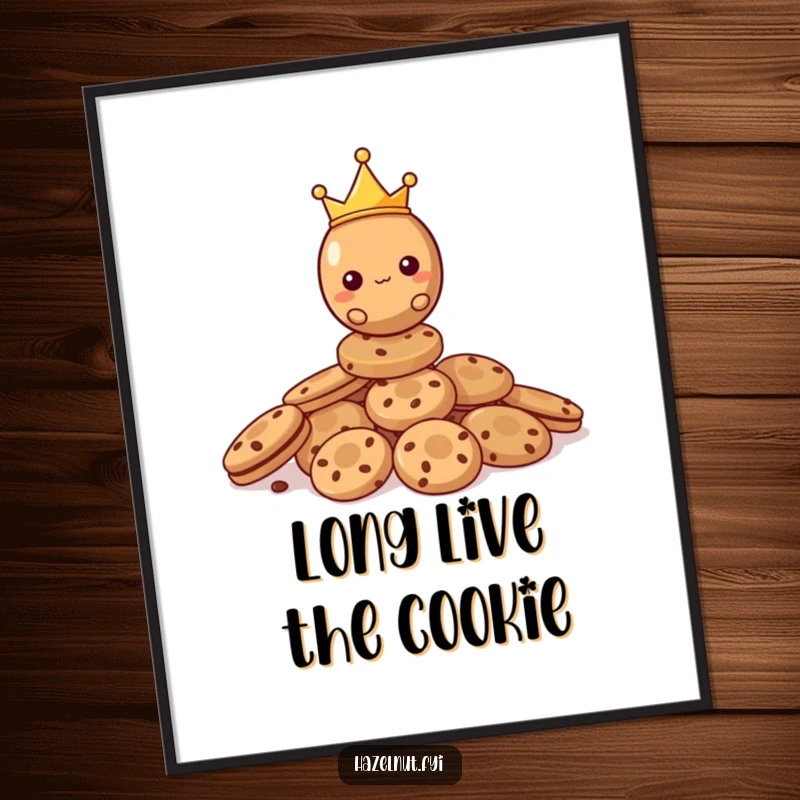 Funny Hazelnut Digital Art Print of a crowned hazelnut balancing on a large pile of cookies, a humorous and regal centerpiece.