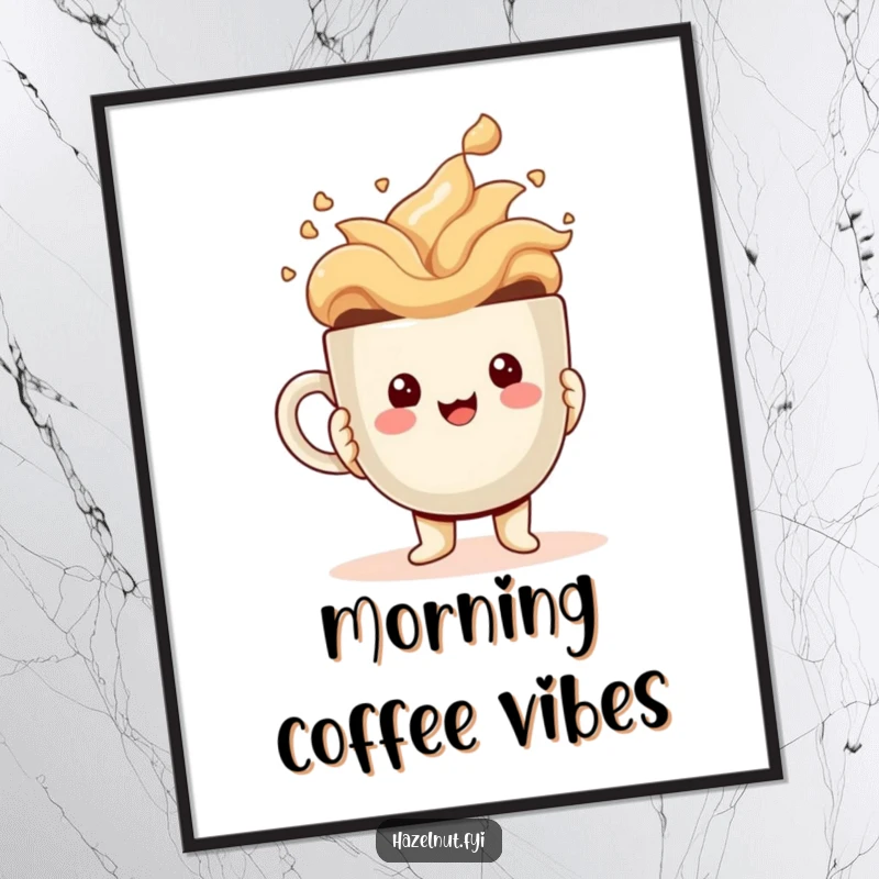 Funny Digital Art of a cheerful kawaii hazelnut character with a comically giant, overflowing coffee cup, ideal for digital displays.