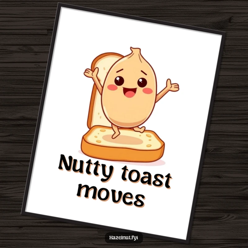 Funny Digital Art Print: A happy hazelnut character dances gleefully on a slice of toast, bringing energetic breakfast vibes and nutty art.