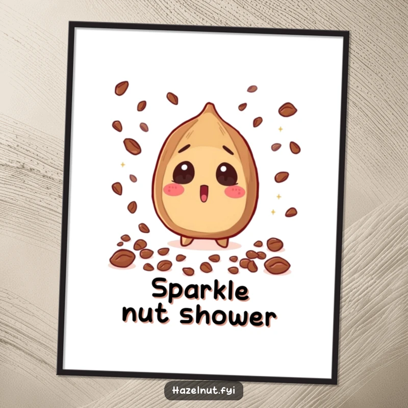Funny Hazelnut Digital Art: surprised nut character with wide eyes, showered by sparkling cacao nibs, printable funny gift.