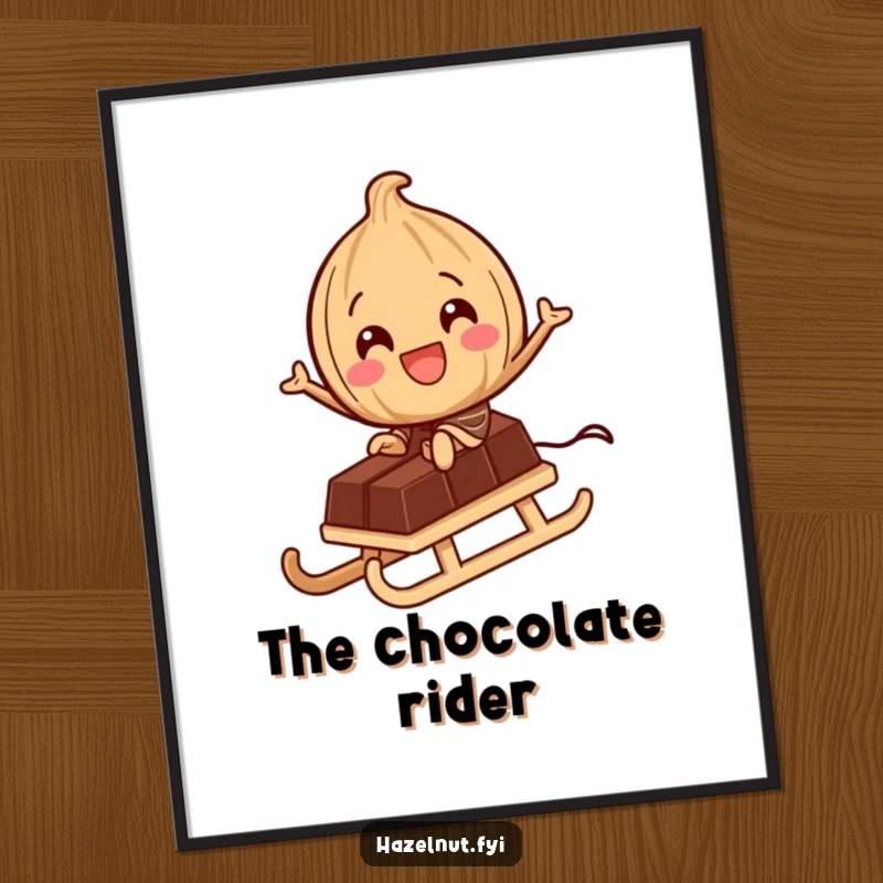Funny Digital Art Print: A delighted hazelnut character rides a tiny chocolate bar like a sled, bringing sweet adventures and nutty artistic fun.