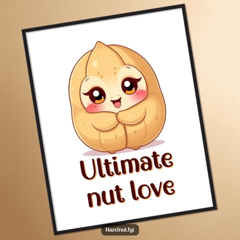 Funny Hazelnut Hug Digital Art: a big-eyed nutty character embracing a giant hazelnut with pure joy, downloadable funny gift.