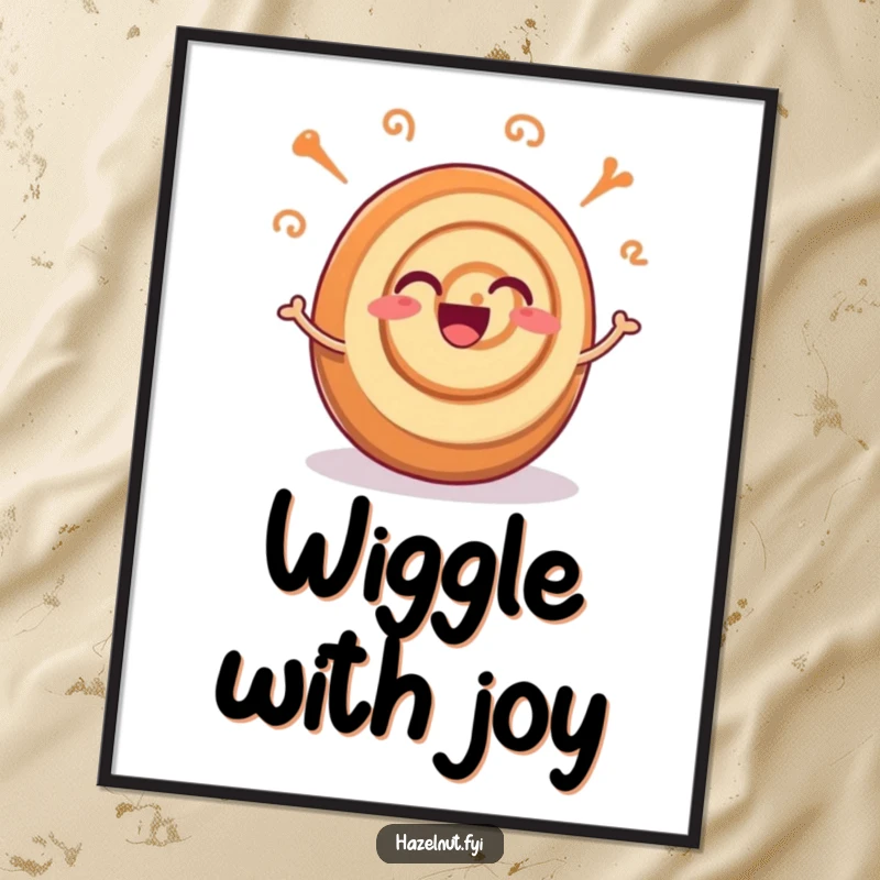 Funny digital art print of an excited cinnamon roll with joyful wiggling swirls, perfect for instant cozy decor.