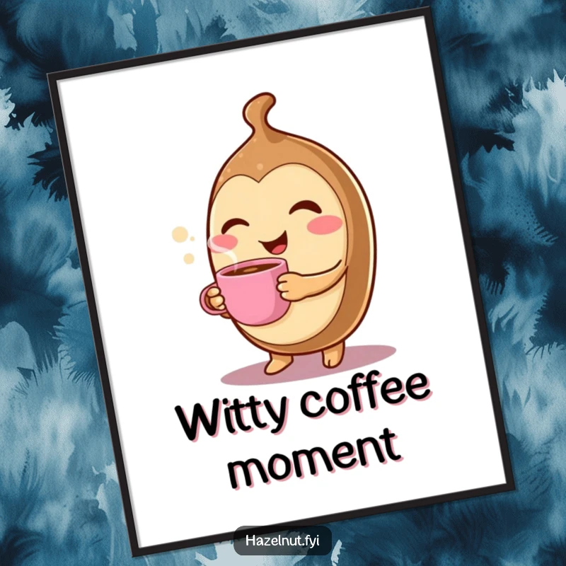Funny Winking Hazelnut Digital Art: A cheerful character winks while holding a tiny, steaming coffee cup, perfect for cheerful decor.