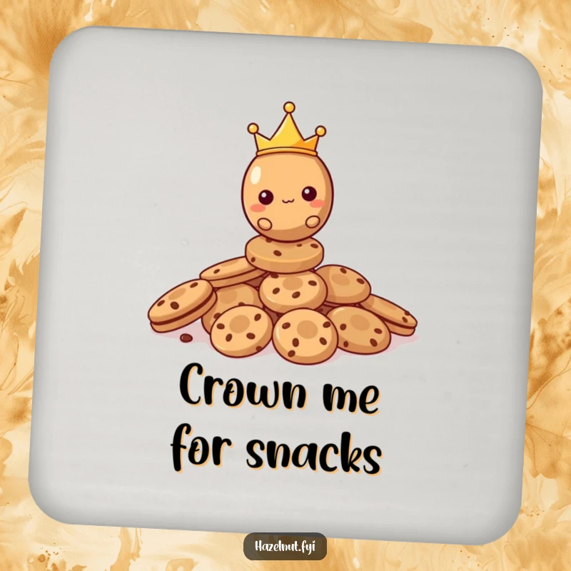 Funny Hazelnut Coaster featuring a tiny crowned hazelnut balancing on a pile of cookies, adding royal flair to drinks.