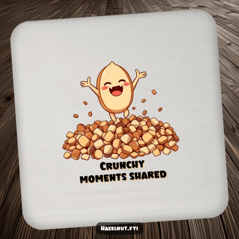Funny Excited Hazelnut Coaster: An excited character leaps joyfully from a pile of crunchy bits, perfect for protecting tables.