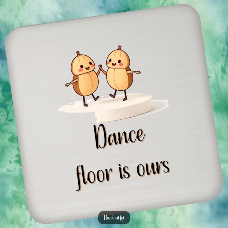 Funny coasters featuring two dancing hazelnuts on a stage, protecting surfaces with a humorous and whimsical design.