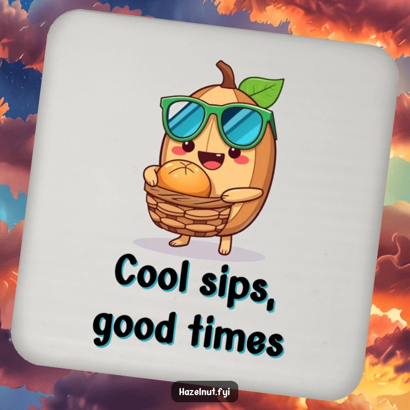 Funny Hazelnut Coaster featuring a hazelnut with sunglasses offering a nutty treat from a tiny basket, perfect for cool drinks.