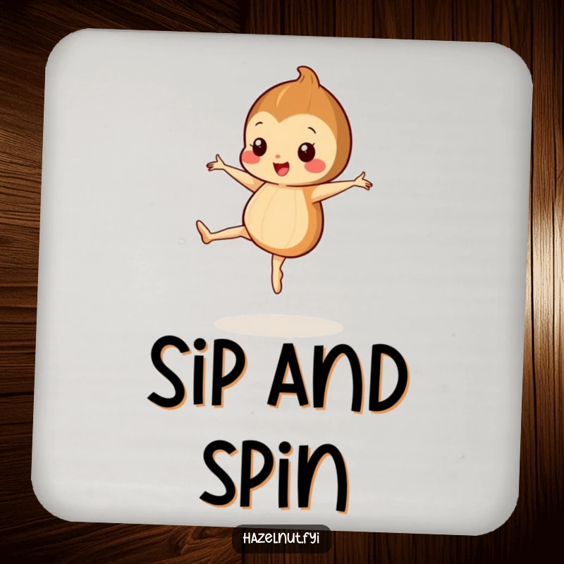Funny coaster featuring a happy hazelnut with tiny legs performing a ballet pirouette, protecting surfaces gracefully.