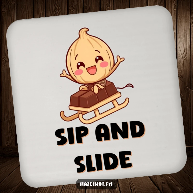 Funny Drink Coaster: A delighted hazelnut character rides a tiny chocolate bar like a sled, adding a fun and sweet adventure accent.