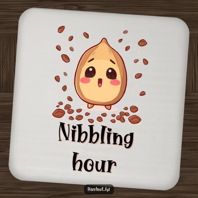 Funny Hazelnut Coaster: a surprised nut shocked by a rain of cacao nibs, protecting surfaces, a humorous funny gift.