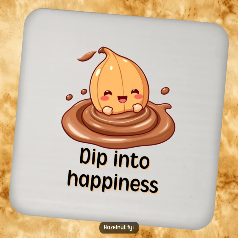 Funny drink coaster featuring a cheerful hazelnut character happily diving into a creamy, swirling chocolate dip, protecting tables with humor.