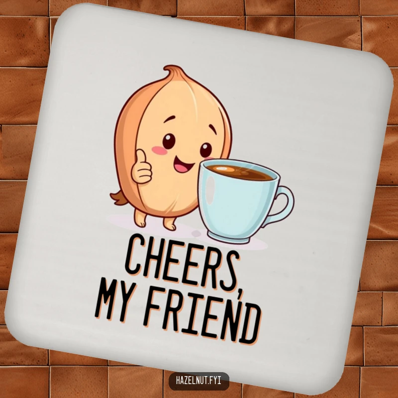 Funny Coaster: A happy hazelnut gives a thumbs up next to a steaming cup, a charming accessory for drinks.
