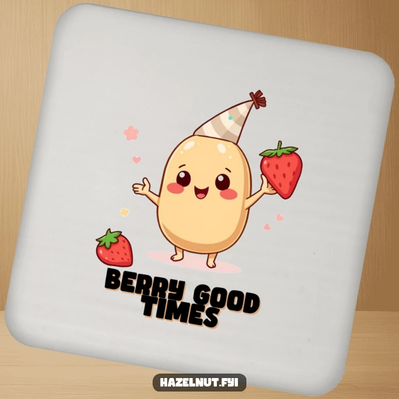 Funny hazelnut character coasters, wearing a tiny party hat and boogying with a strawberry slice, humorous and festive table accessories.