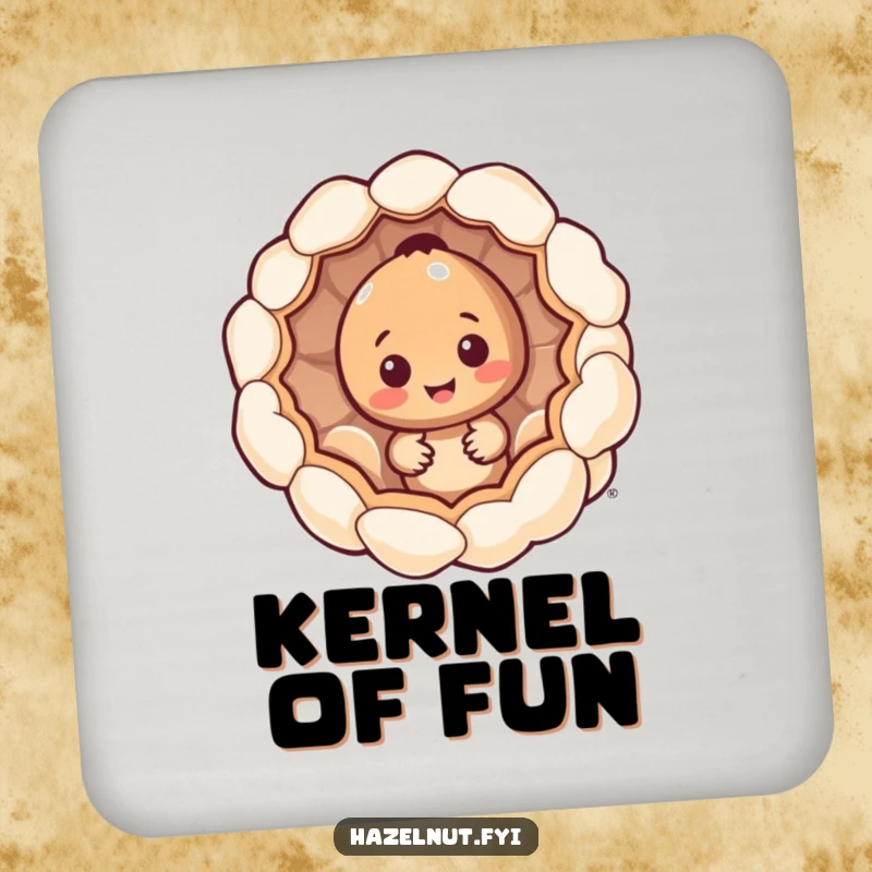 Funny hazelnut character coasters, peeking from inside a giant popcorn kernel, humorous and protective table accessories.
