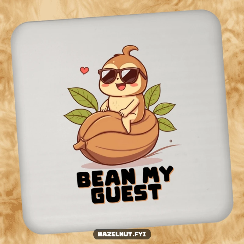 Funny hazelnut character wearing sunglasses, riding a coffee bean, as a protective drink coaster. Great funny gift.