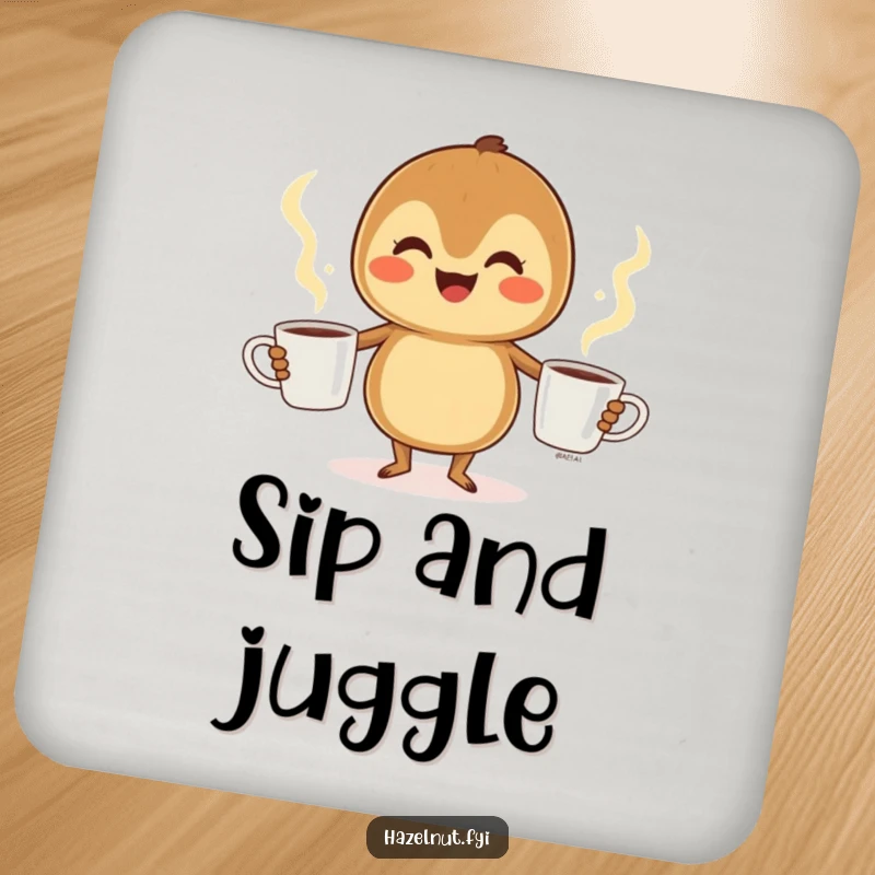 Funny Hazelnut Coaster: A cheerful hazelnut juggles three steaming coffee cups, adding a humorous touch to drink service.