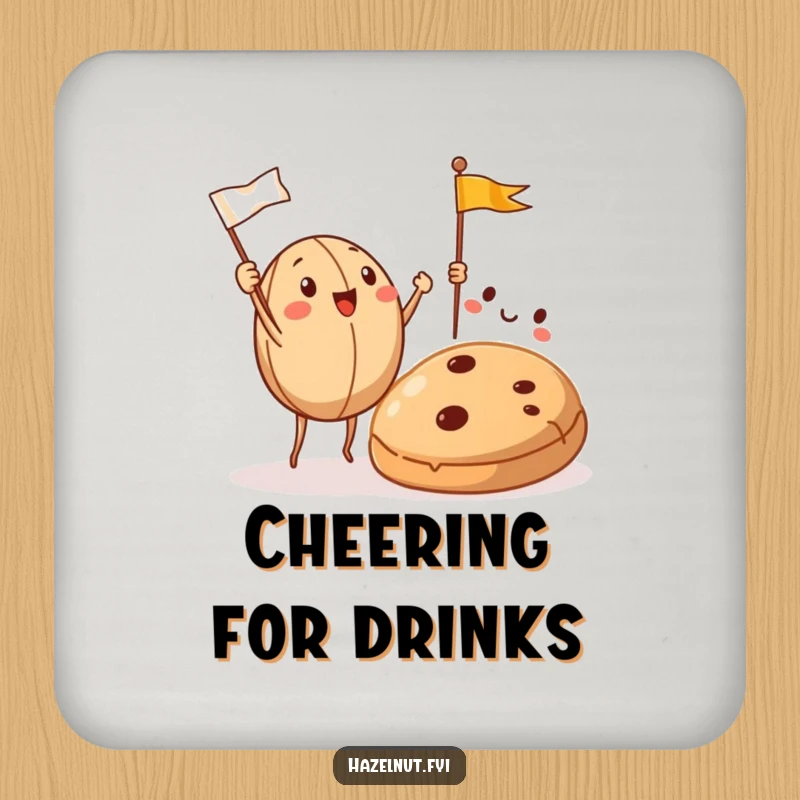 Funny Hazelnut Drink Coaster features hazelnuts cheering with flags at a cookie, adding a humorous and celebratory touch.