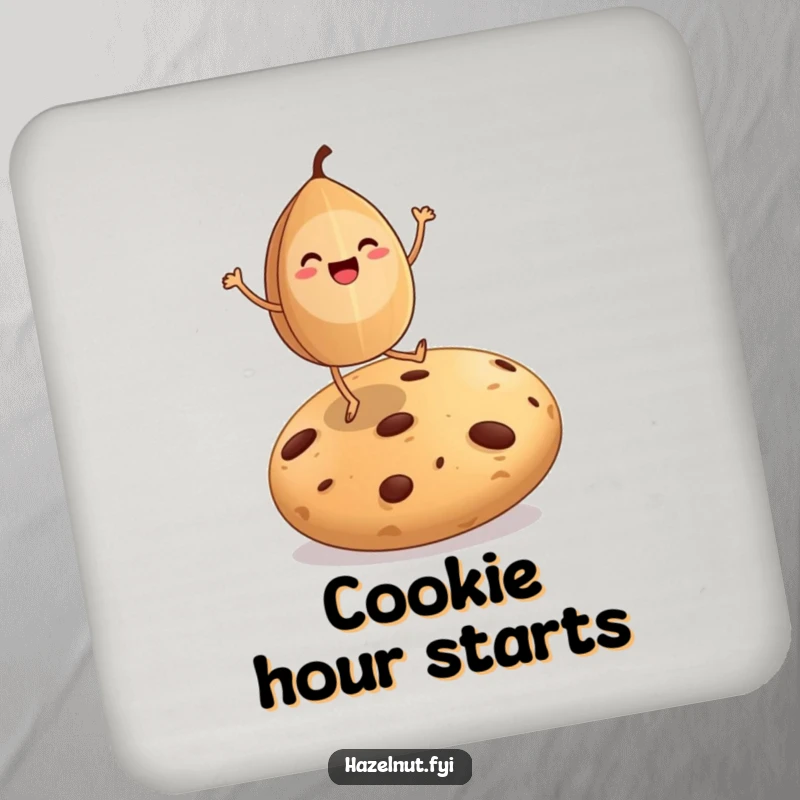 Funny coasters showcasing a happy hazelnut dancing on a giant cookie, adding charm and sweetness to any table.