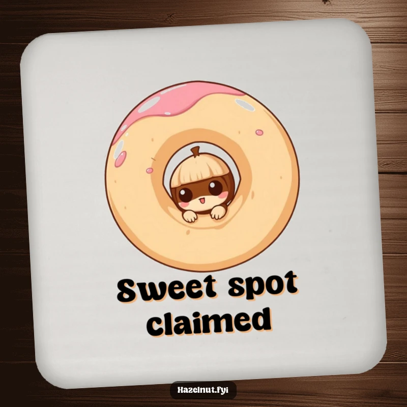 Funny drink coaster with a curious hazelnut peeking from a giant, swirling doughnut, for stylish surface protection.