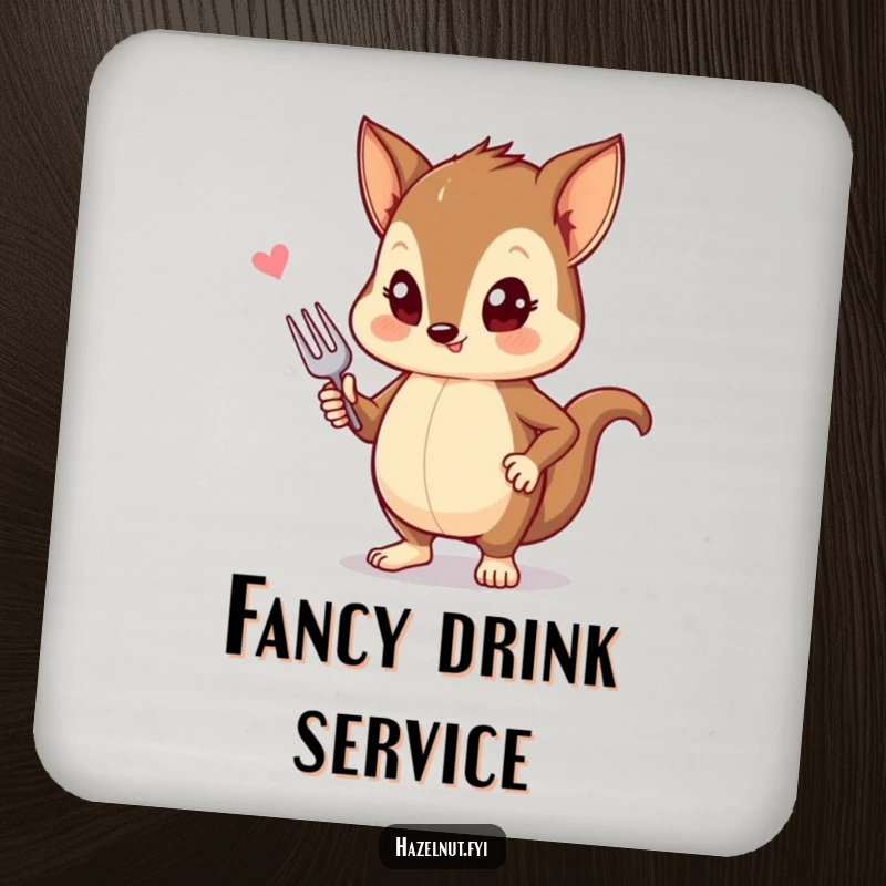 Funny drink coaster with a stylish hazelnut striking a pose with a tiny fork, for stylish surface protection.
