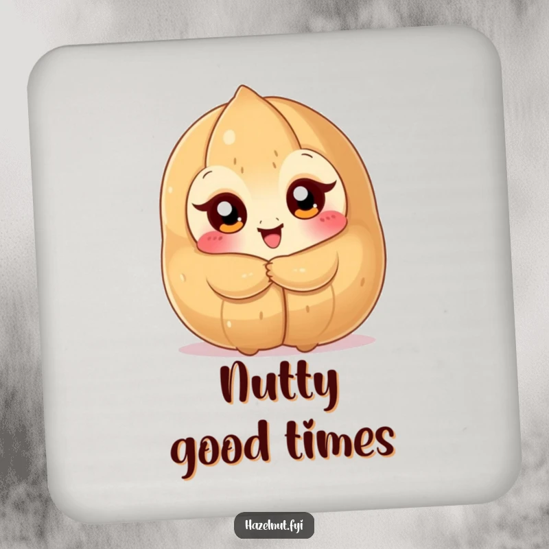 Funny Hazelnut Hug Coaster: a delighted nutty character with big eyes hugging a large hazelnut, a cute funny gift.