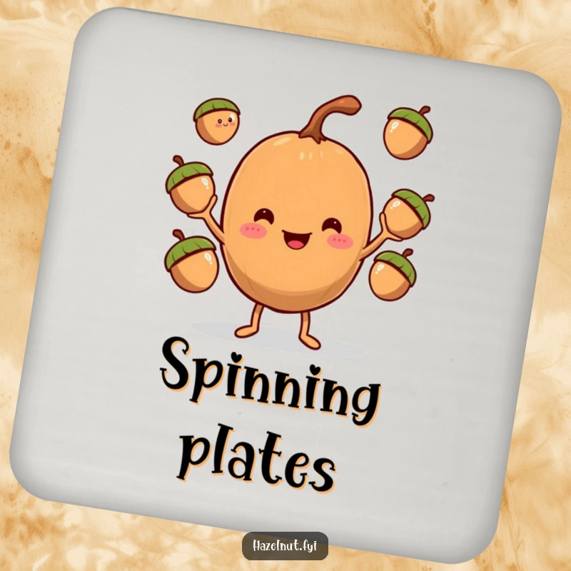 Funny Hazelnut Juggler Coasters, featuring a smiling hazelnut with tiny arms juggling three acorns, protecting your furniture.