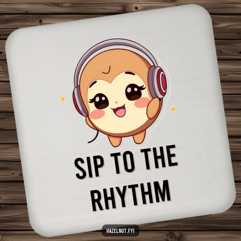 Funny Drink Coaster: A smiling hazelnut character wearing headphones bobs its head to music, adding a fun and musical accent.