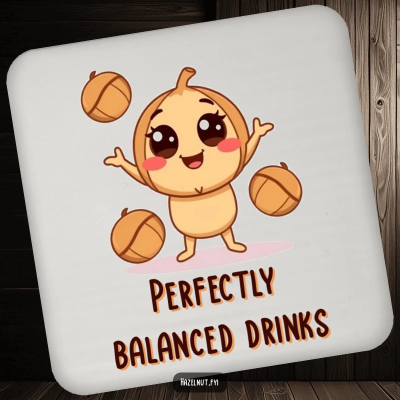 Funny Juggling Hazelnut Coaster: A smiling character with big eyes playfully juggling smaller hazelnuts, perfect for protecting tables.