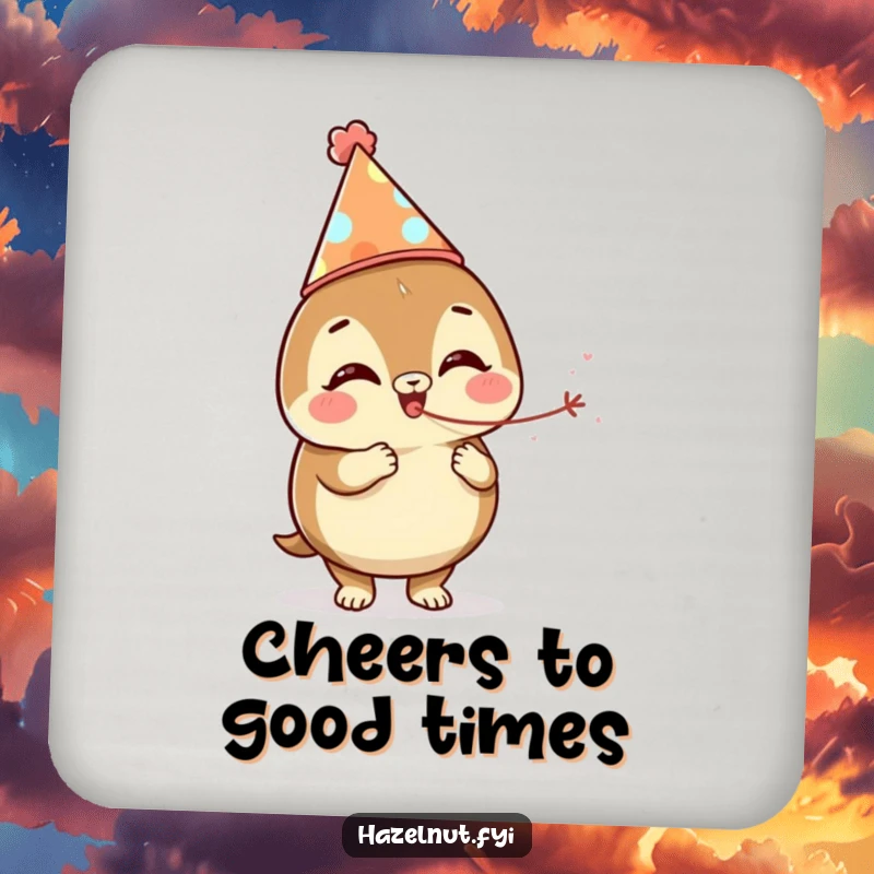 Funny hazelnut character in a party hat blowing a streamer on a drink coaster, adding festive flair.