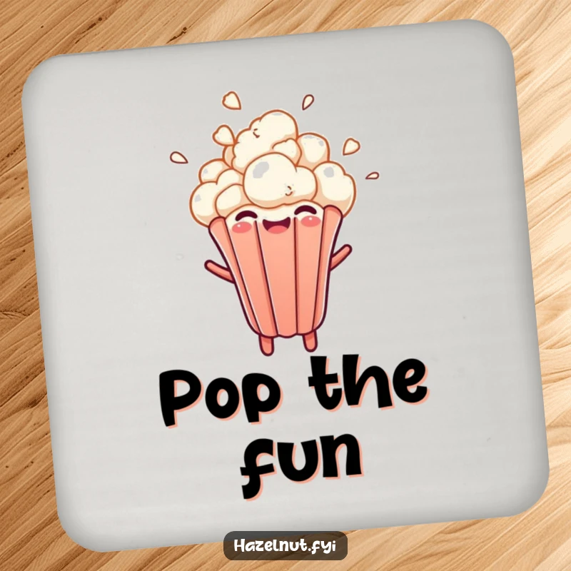 Funny drink coaster featuring a cheerful popcorn kernel bursting upwards with a delighted expression, a cute and protective accessory.
