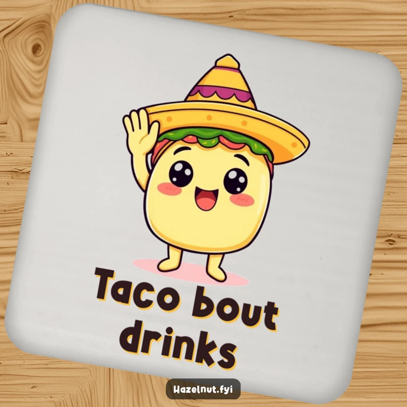 Funny drink coaster showing a happy taco in a sombrero giving a salute, protecting surfaces.