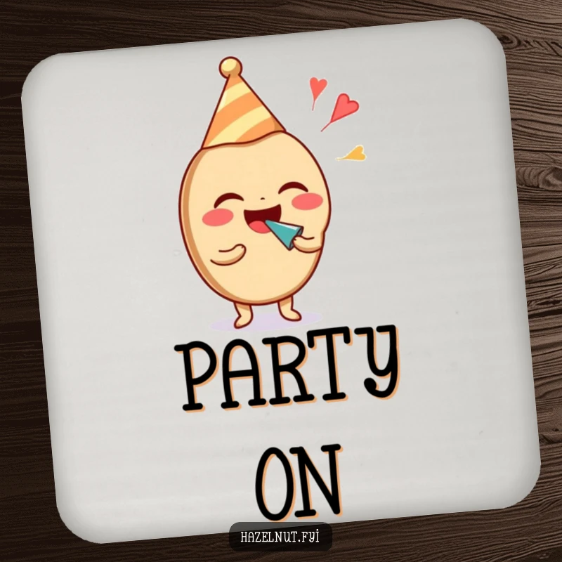 Funny hazelnut character in a party hat, laughing and blowing a noisemaker, as a protective drink coaster. Great funny gift.