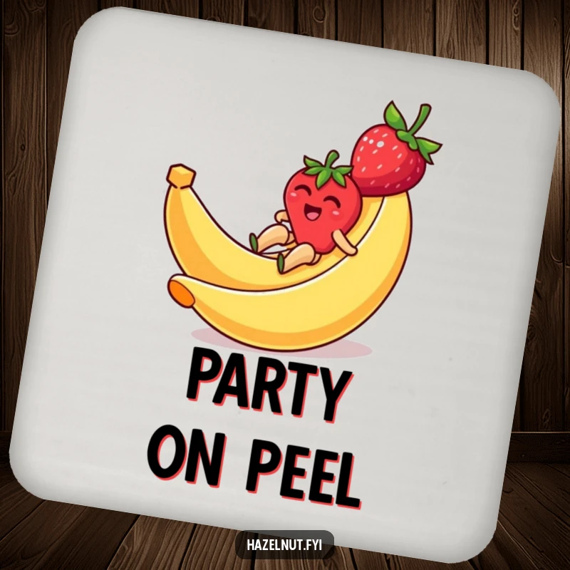 Funny coaster depicting a strawberry hilariously sliding down a banana peel, a humorous way to protect surfaces.