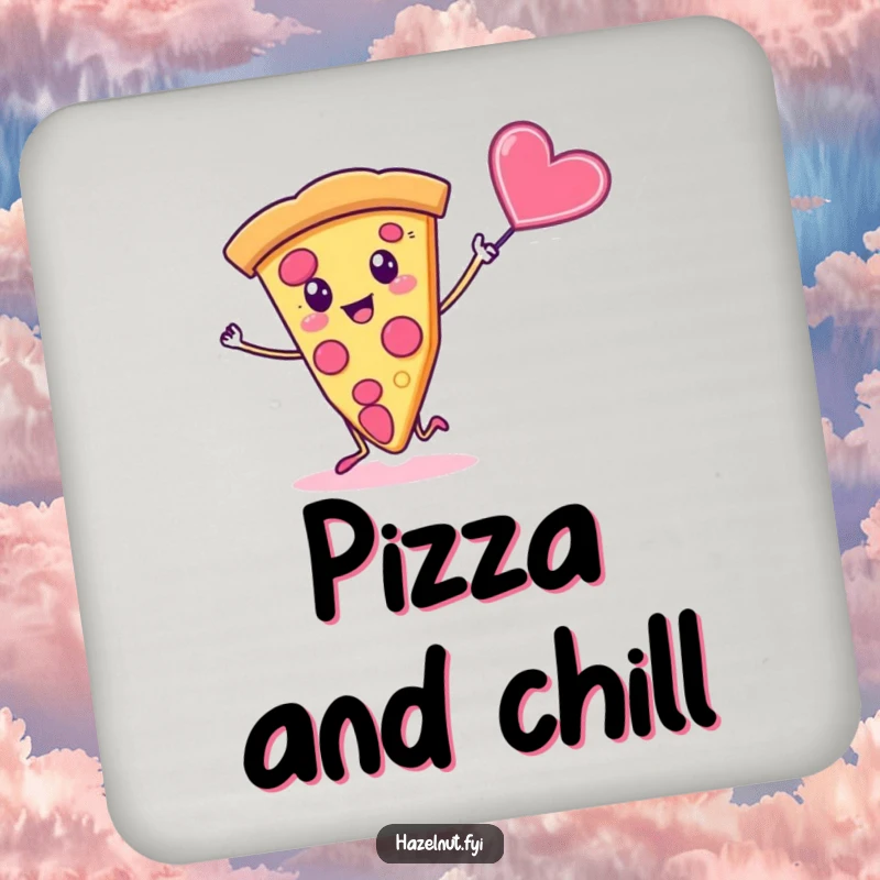 Funny drink coaster showing a silly slice of pizza dancing with a flying candy heart, protecting surfaces.